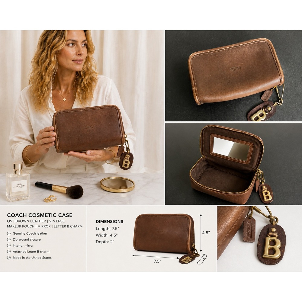 Coach Cosmetic Case OS Brown Leather Vintage Makeup Pouch Mirror Letter B Charm